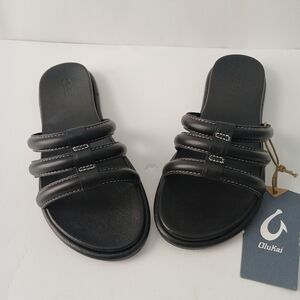 Olukai Tiare Slide Sandals Premium Leather All Day Comfort Black Women's Size 9